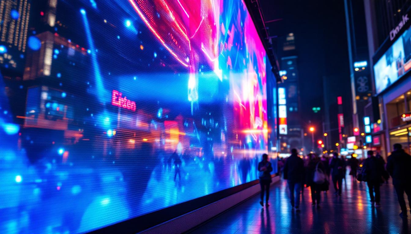 A photograph of a vibrant led display in a bustling urban setting at night