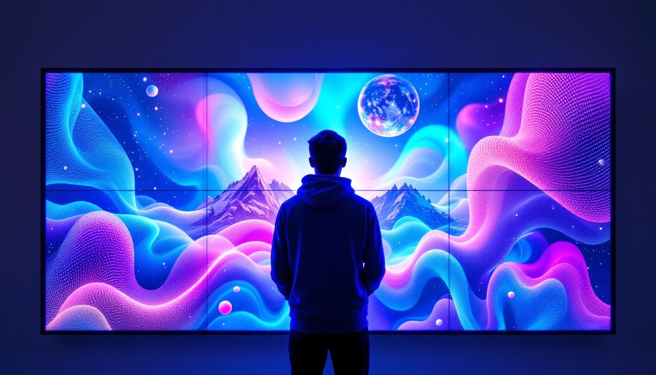 A photograph of a person standing at the optimal viewing distance from a vibrant led display