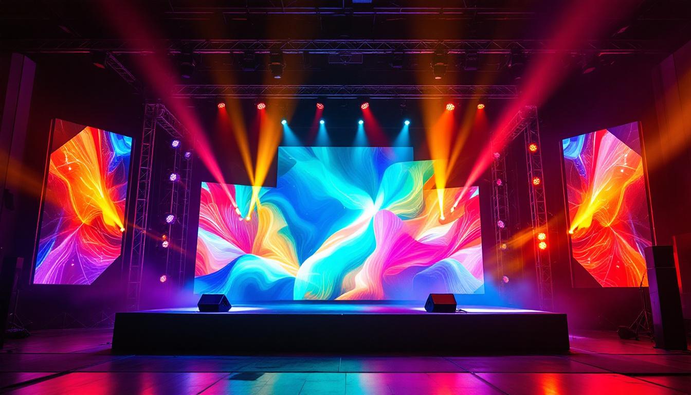 A photograph of a vibrant portable stage setup featuring led display backdrop panels in action