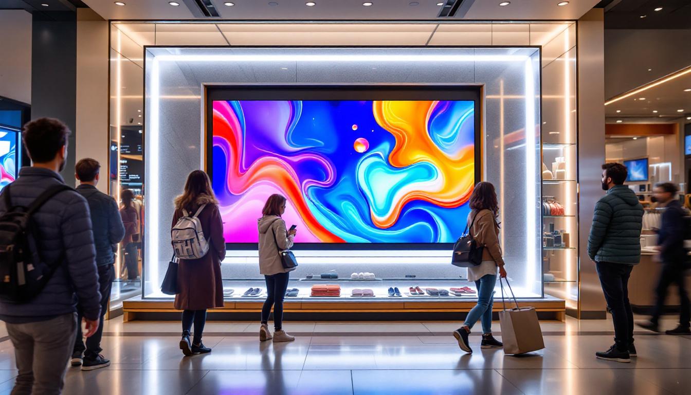 A photograph of a vibrant retail environment showcasing a high-resolution led display prominently featuring dynamic content
