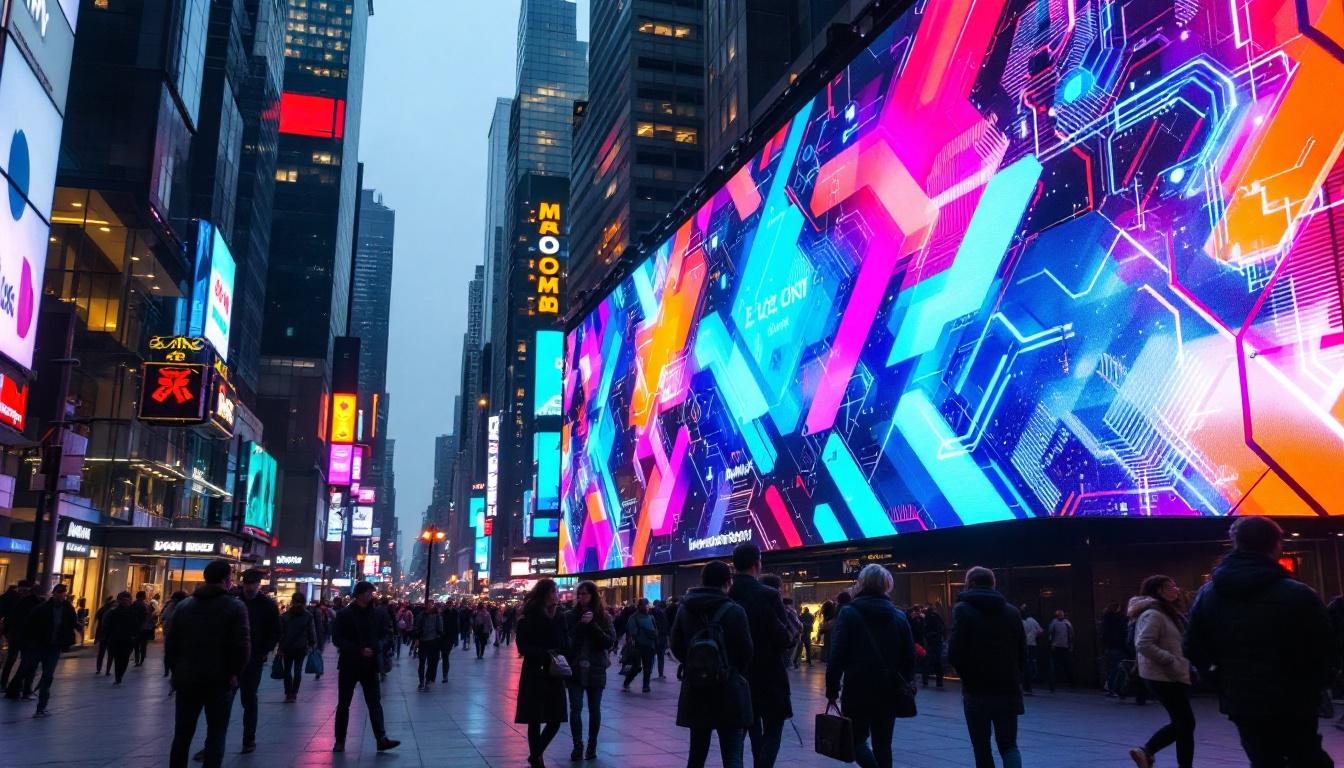 A photograph of a vibrant led display in a bustling urban setting
