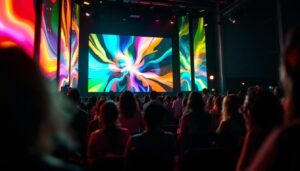 A photograph of capture a photograph of a vibrant led display in a church setting