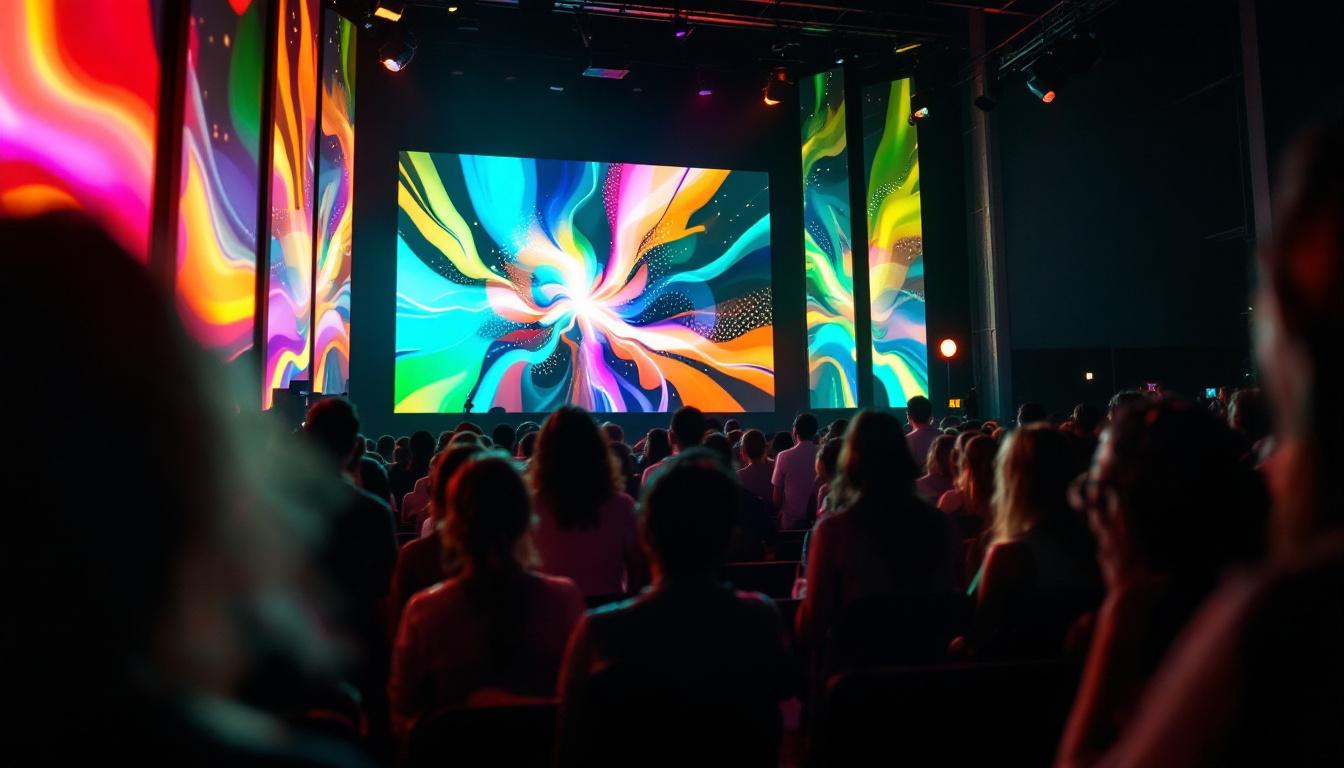A photograph of capture a photograph of a vibrant led display in a church setting