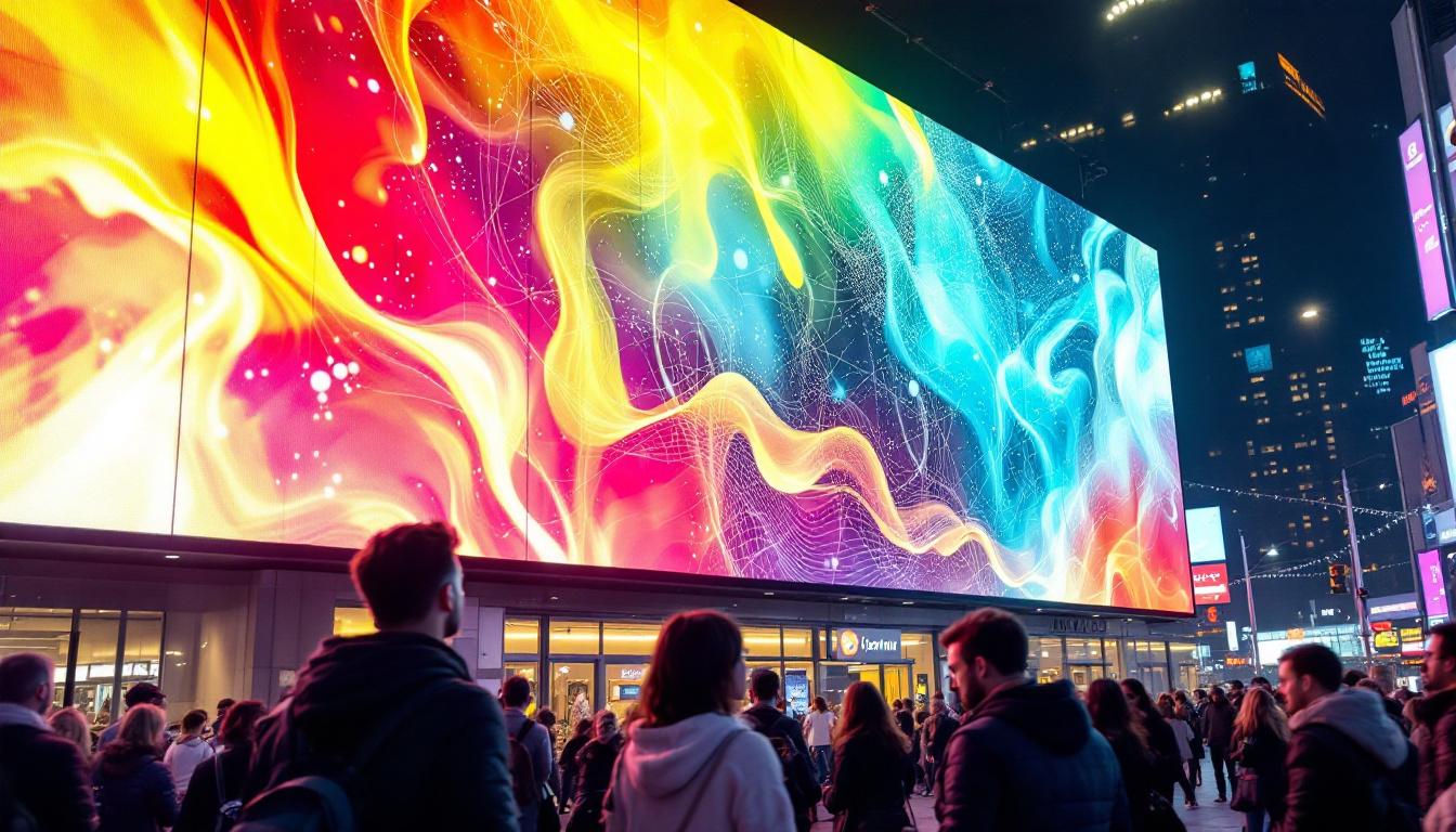 A photograph of a vibrant led display in a bustling urban environment