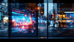 A photograph of a vibrant led display showcasing dynamic visuals in a window setting