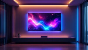 A photograph of a modern interior wall featuring an integrated led display