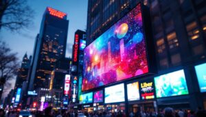 A photograph of a vibrant led display in a bustling urban setting at dusk
