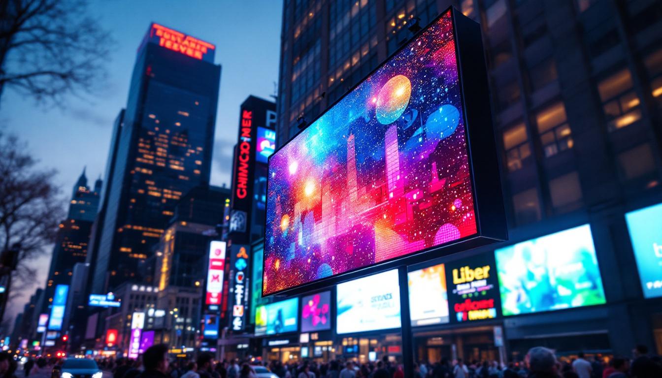 A photograph of a vibrant led display in a bustling urban setting at dusk