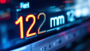 A photograph of a close-up of an led display screen showing a clear measurement conversion from 122 mm to inches