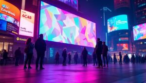 A photograph of a vibrant led display in a dynamic urban setting