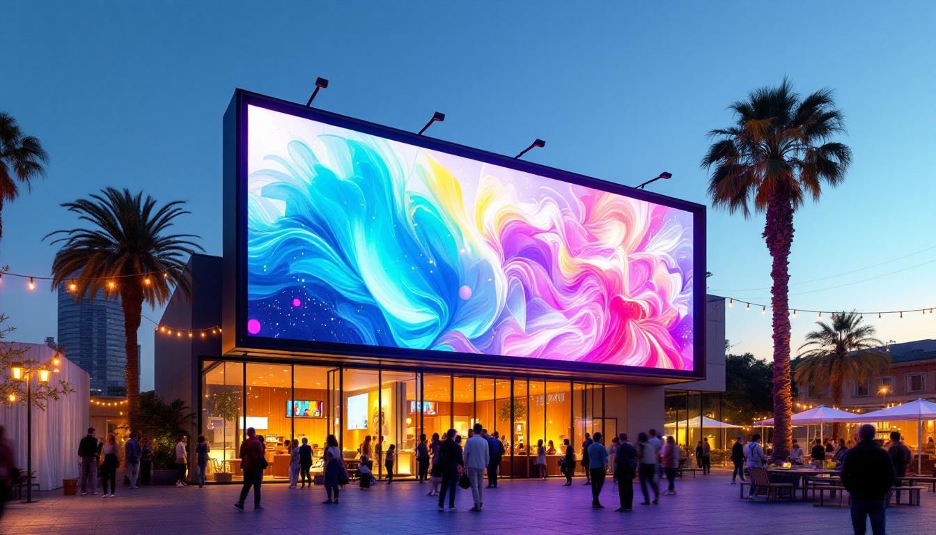 A photograph of a vibrant outdoor scene featuring the screen house rei with its led display illuminated