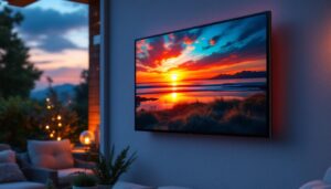 A photograph of a sleek 32-inch outdoor led tv mounted on a patio wall