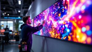 A photograph of a skilled technician installing a modular wall with an led display