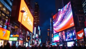 A photograph of a vibrant led display in a bustling urban setting