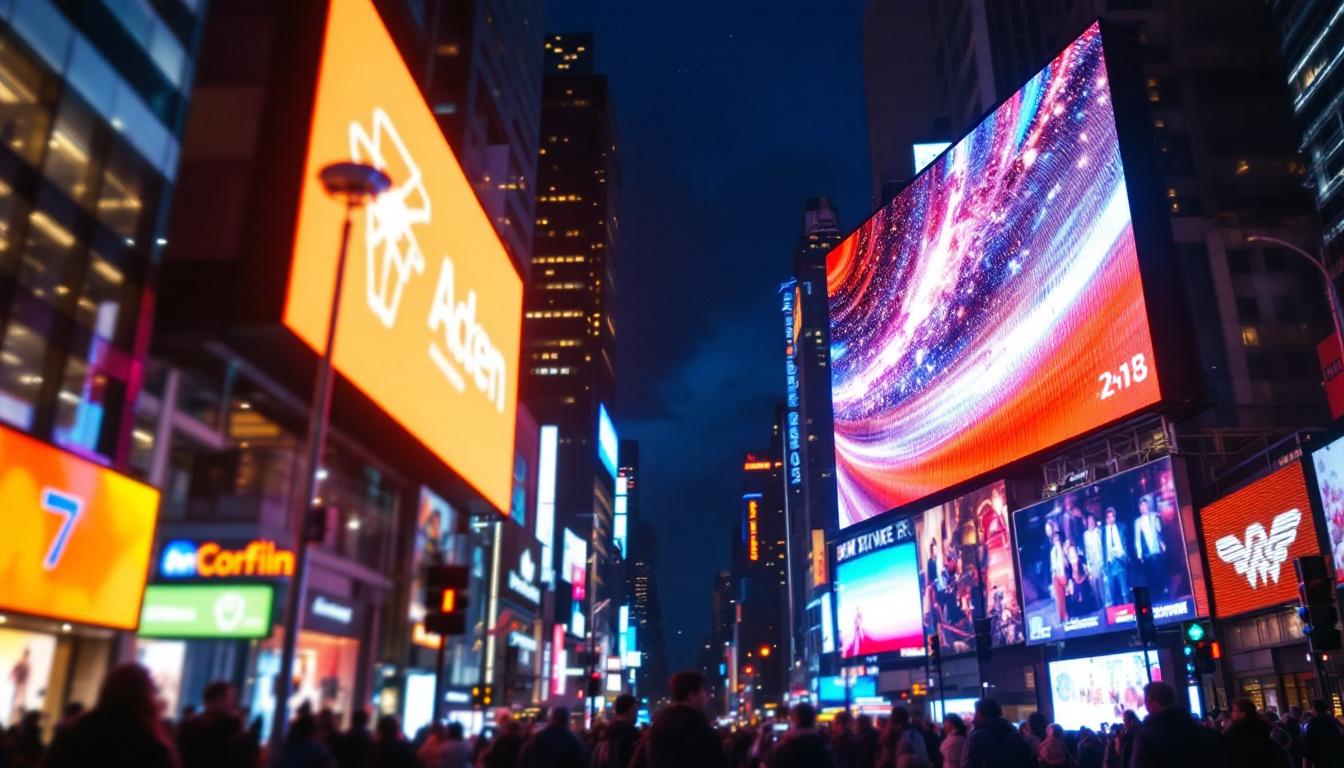 A photograph of a vibrant led display in a bustling urban setting