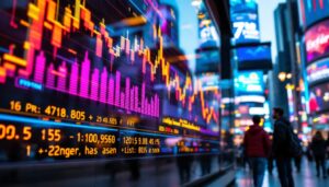 A photograph of capture a photograph of a vibrant led ticker board in an urban setting
