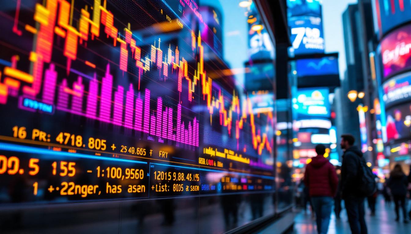 A photograph of capture a photograph of a vibrant led ticker board in an urban setting