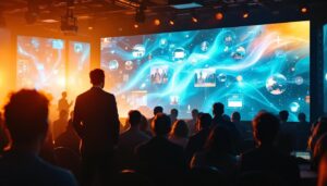 A photograph of a vibrant conference setting featuring a large led display in action