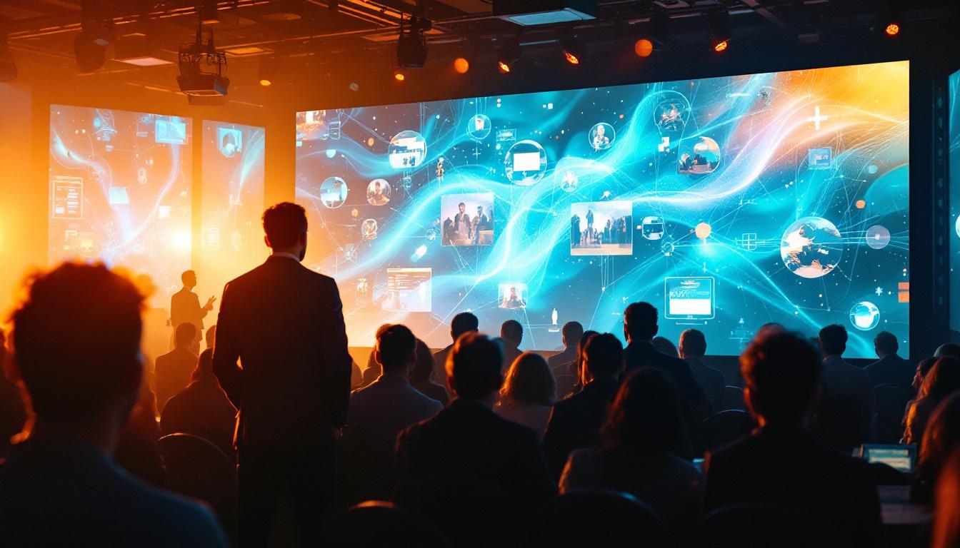 A photograph of a vibrant conference setting featuring a large led display in action