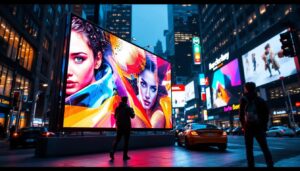 A photograph of a vibrant led display showcasing dynamic graphics or advertisements in an urban setting