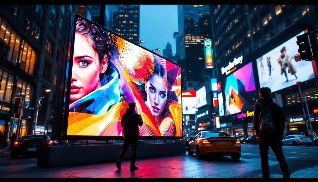 A photograph of a vibrant led display showcasing dynamic graphics or advertisements in an urban setting