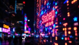 A photograph of a vibrant led display showcasing dynamic visuals or colorful graphics in an urban environment