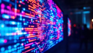 A photograph of a vibrant led display showcasing dynamic colors and visuals