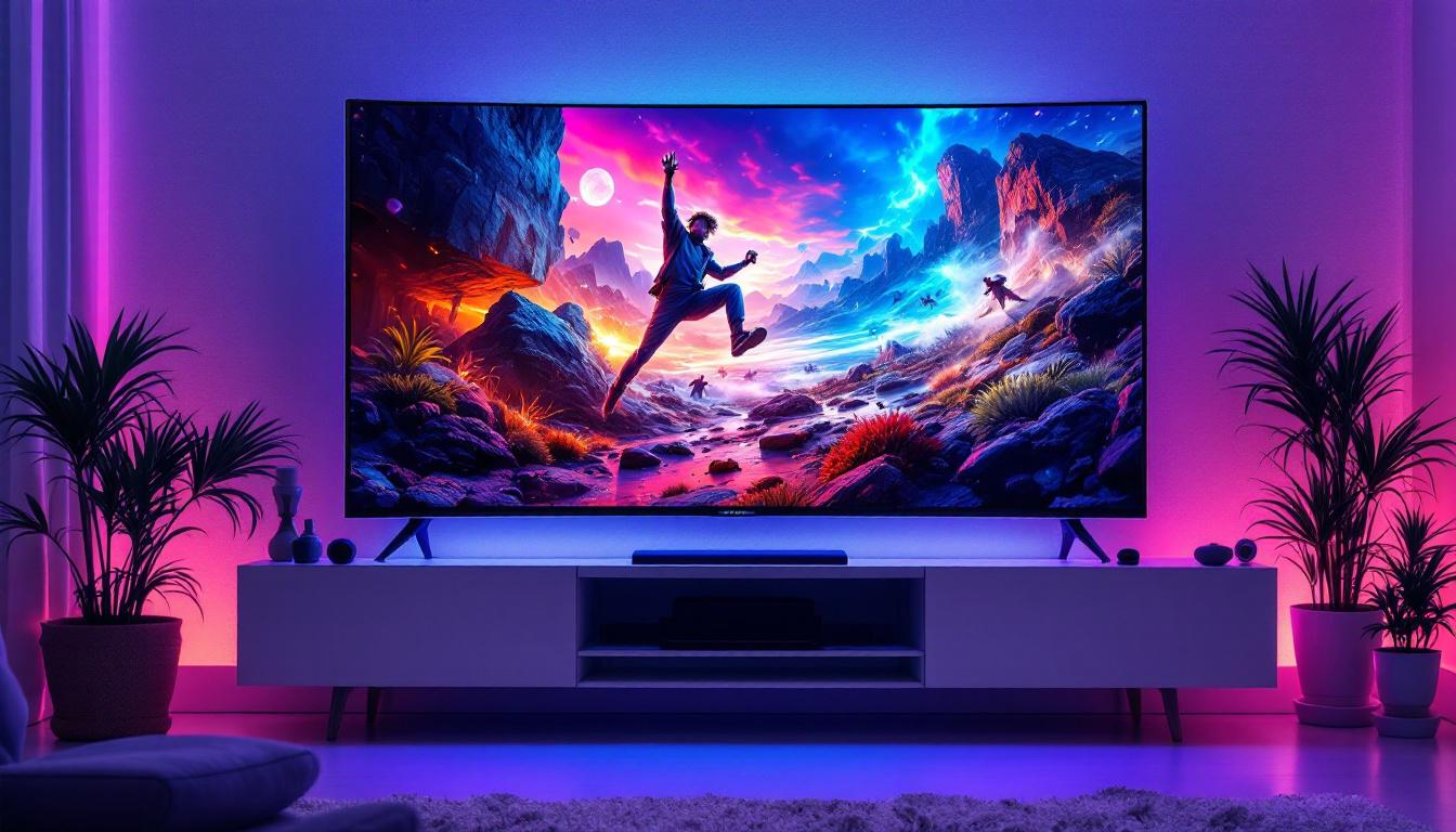 A photograph of a vibrant 21:9 led display in action