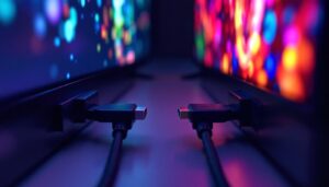 A photograph of a side-by-side comparison of a displayport 1.4a and an hdmi cable connected to an led display