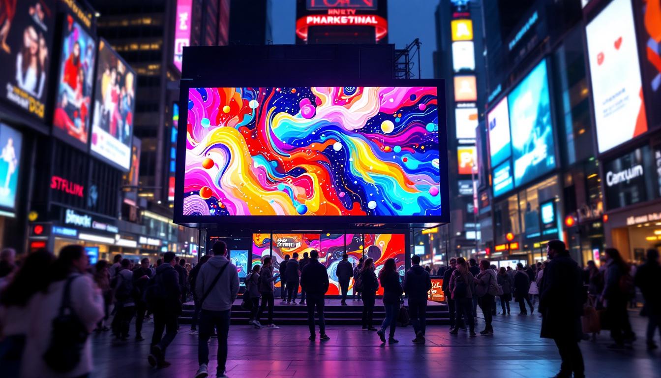 A photograph of a vibrant led display in a bustling urban environment