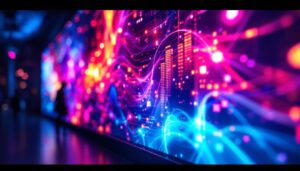 A photograph of a vibrant led display showcasing dynamic visuals