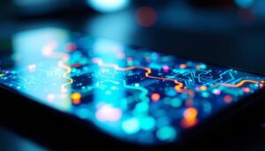 A photograph of a close-up view of a vibrant lcd phone screen displaying a colorful led graphic