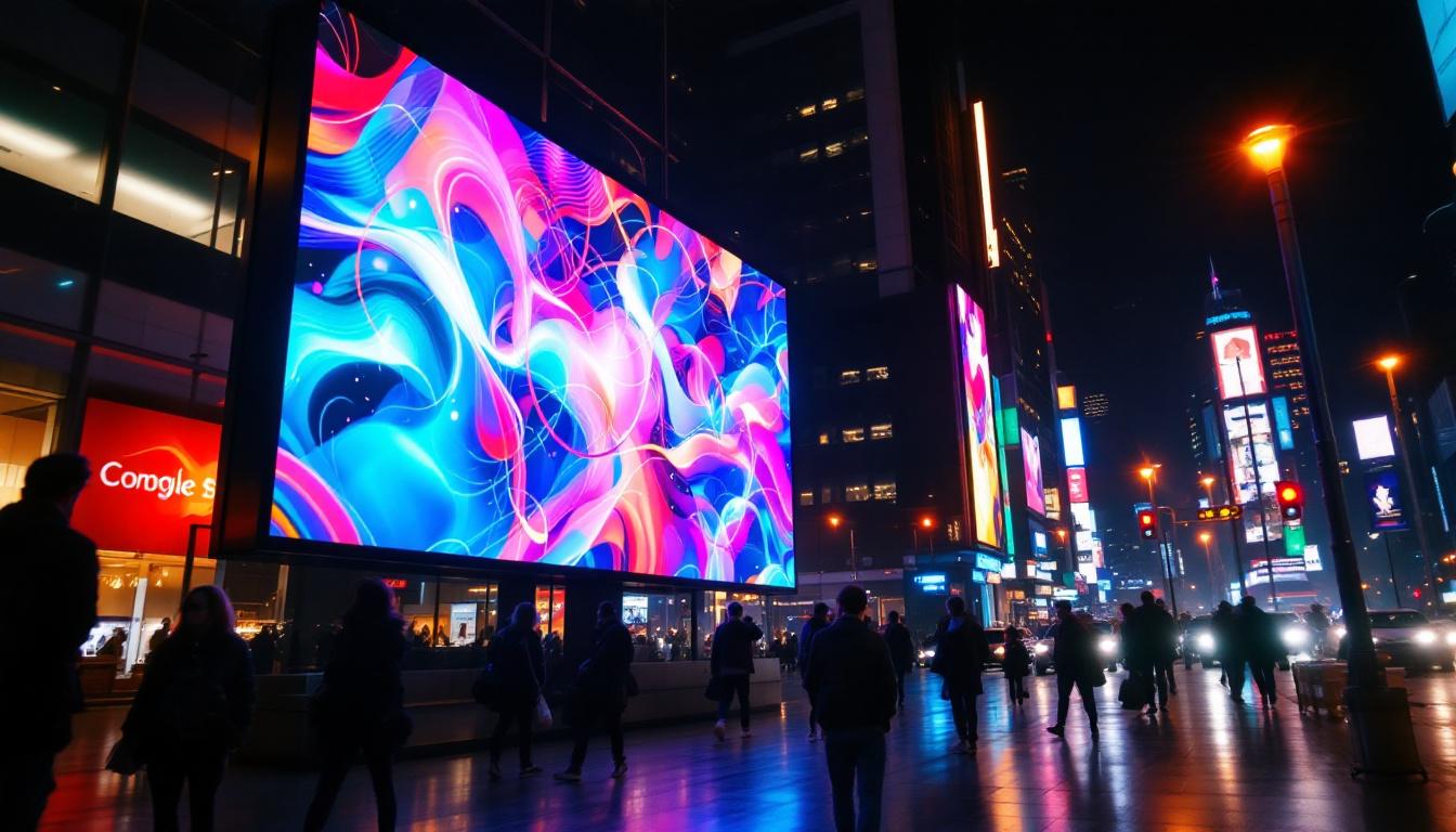 A photograph of a vibrant led display in a dynamic urban setting