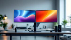 A photograph of capture a photograph of a sleek duo monitor stand showcasing two led displays side by side