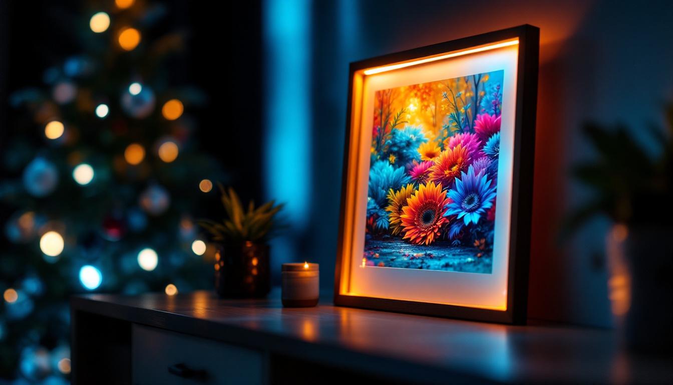 A photograph of a beautifully lit picture frame showcasing a vibrant artwork or photograph