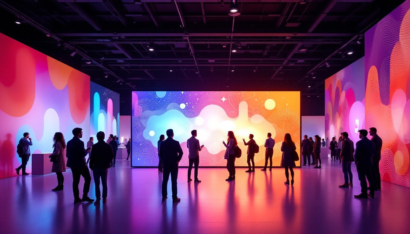 A photograph of a vibrant exhibition space featuring an interactive led touch screen display