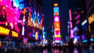 A photograph of a vibrant led display in a bustling urban environment at night