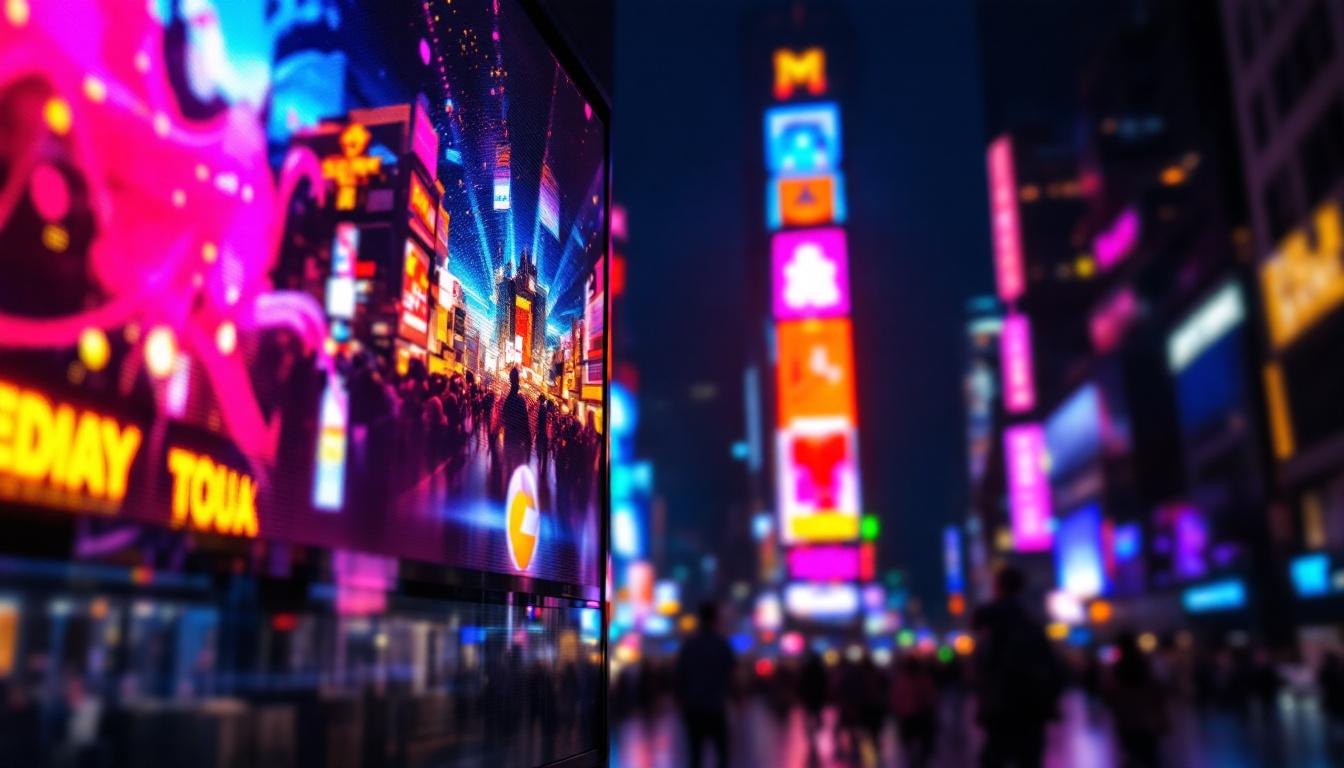 A photograph of a vibrant led display in a bustling urban environment at night
