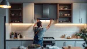 A photograph of a well-lit kitchen scene featuring a skilled installer meticulously positioning a sleek led display above newly installed wall cabinets