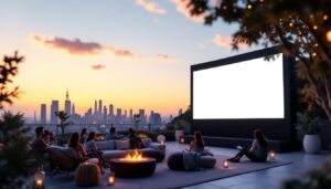 A photograph of a vibrant outdoor setting featuring a large led display screen in use