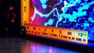 A photograph of a close-up of an led display screen showing a vibrant image or graphic