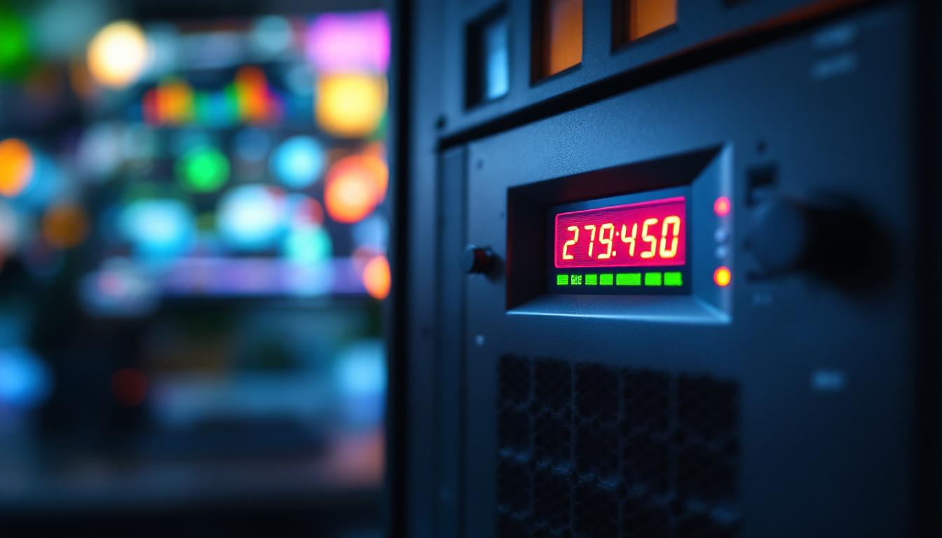 A photograph of a close-up shot of a ups monitor displaying its led screen
