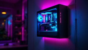 A photograph of a sleek computer case mounted on a wall