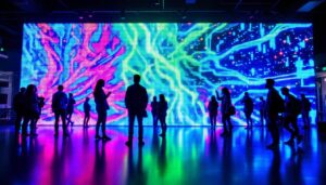 A photograph of a vibrant led display showcasing a pixel matrix mesh in action
