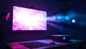 A photograph of a modern projector setup in a dimly lit room