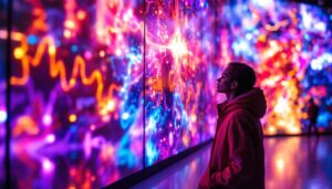A photograph of a vibrant led display showcasing a stunning backdrop art installation