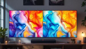 A photograph of a side-by-side comparison of a plasma screen and an led display