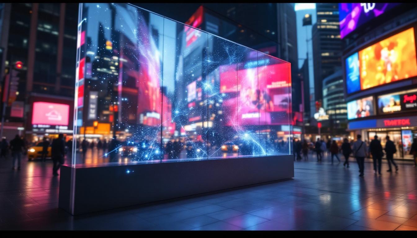 A photograph of a stunning transparent led video wall in a vibrant urban setting