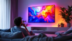 A photograph of a person comfortably viewing a large led display in a cozy living room setting