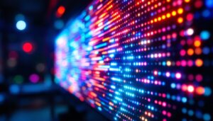 A photograph of a vibrant led matrix panel displaying dynamic visuals or text in a darkened environment